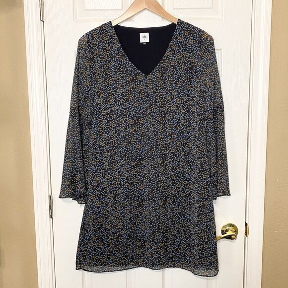 Cabi Poise Mini Shift Dress Size Medium Floral Sheer Overlay Long Bell Sleeve - Picture 1 of 10
